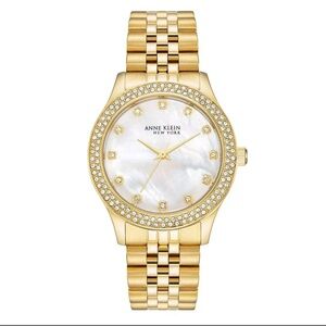 Anne Klein Mother of Pearl Gold-Tone Watch with Crystal Bezel